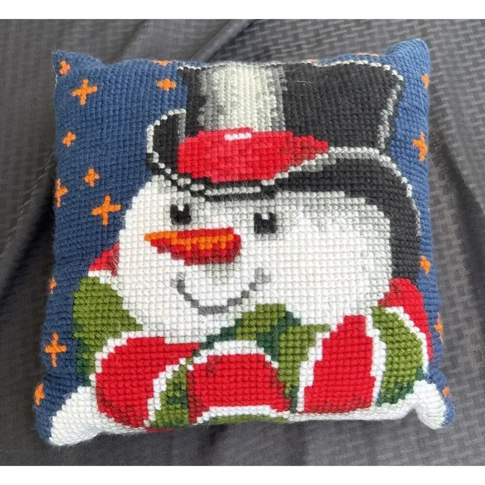 Vintage Handmade Needlepoint Christmas Snowman Throw Pillow 15 X 15